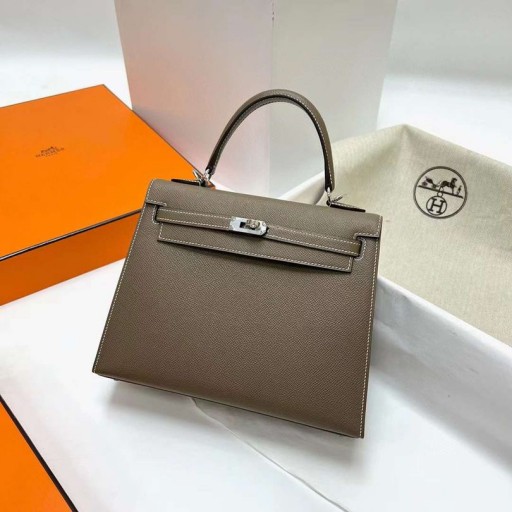 Kelly Epsom Ck18 Etoupe Cinza Prata Hardware Phw 25cm Completo feito a mão