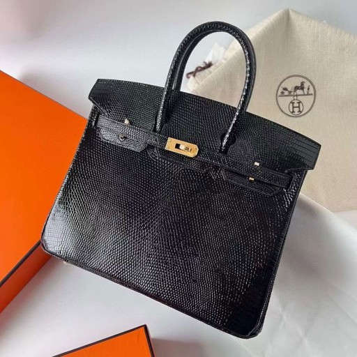 Birkin Lagarto Ck89 Ouro Preto Hardware Ghw 25cm Completo feito a mão