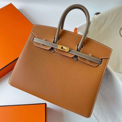 Birkin Sellier Epsom Ck37 Golden Brown & Ck18 Etoupe Cinza Hardware de Ouro Ghw 25cm Completo feito a mão