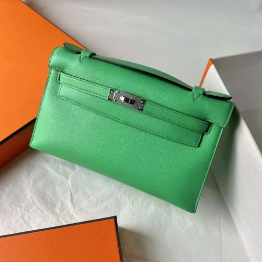 Kelly Pochette Swift 0Z Verde Fresco ferragem de Prata 22cm Completo feito a mão Phw