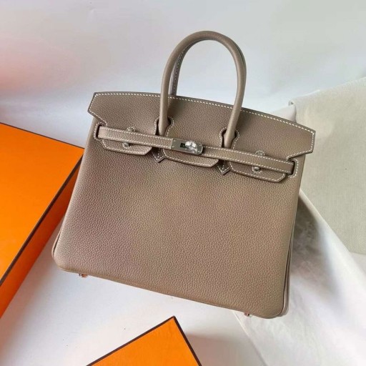 Birkin Togo Ck18 Etoupe Cinza Prata Hardware 25cm Completo feito a mão Phw