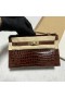Mini Kelly Pochette brilhante porosus cc31 Miel Marrom Hardware de Ouro ghw 22cm Completo feito a mão