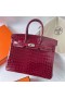 Birkin Brilhante Nilo Crocodilo F5 Vinho vermelho Prata Hardware Phw 25cm Completo feito a mão