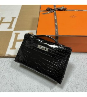 Mini Kelly Pochette Brilhante de JacarÃ©, Crocodilo Ck89 Preto Prata Hardware 22cm Completo feito a mÃ£o