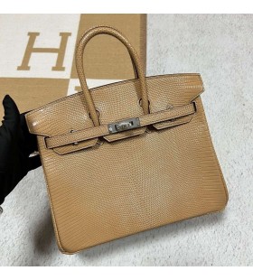 Birkin Lagarto 0M de ChÃ¡ de cor Prata Hardware 25cm Completo feito a mÃ£o