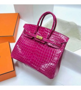 Birkin Brilhante Porosus Crocodilo j5 Rosa cor-de-Rosa de Ouro Hardware 25cm Completo feito a mão