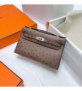 Mini Kelly Pochette de Avestruz Luz de Café de Prata de Hardware Phw 22cm Completo feito a mão