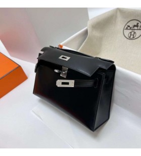 Mini Kelly Pochette Caixa de Ck89 Preto Prata Hardware phw 22cm Completo feito a mÃ£o