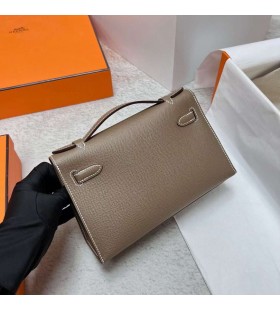 Mini Kelly Pochette de Epsom Ck18 Etoupe Cinza Hardware de Ouro Ghw 22cm Completo feito a mão