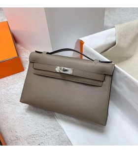 Mini Kelly Pochette Swift M8 gris ashpite ferragem de Prata Phw 22cm Completo feito a mão