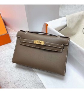 Mini Kelly Pochette Swift Ck18 Etoupe Cinza Hardware de Ouro Ghw 22cm Completo feito a mão