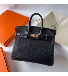 Birkin Avestruz Ck89 Preto Ouro Rose Hardware Rghw 25cm Completo feito a mão