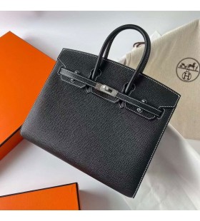 Birkin Sellier Epsom Ck89 Preto Branco linha ferragem de Prata Phw 25cm Completo feito a m&Atilde;&pound;o