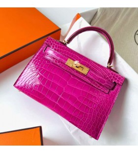 Mini Kelly Brilhante de JacarÃ©, Crocodilo J5 Profunda de Rosa cor-de-Rosa de Ouro Hardware Ghw 19cm Completo feito a mÃ£o