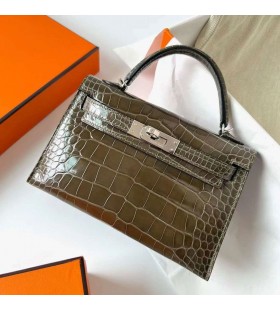 Mini Kelly Brilhante de JacarÃ©, Crocodilo G8 Profundo, o verde-Oliva ferragem de Prata Phw 19cm Completo feito a mÃ£o