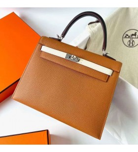 Kelly Epsom Ck37 Golden Brown & I2 Cremoso Branco & Preto & Jóia de Prata Azul Hardware Phw 25cm Completo feito a mão