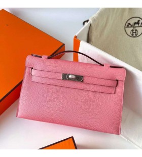 Mini Kelly Pochette de Epsom 1T Cremoso cor-de-Rosa de Prata de Hardware Phw 22cm Completo feito a mÃ£o