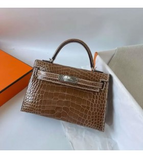 Mini Kelly Brilhante JacarÃ© Ck17 tabaco, marrom Prata Hardware 19cm Completo feito a mÃ£o Phw