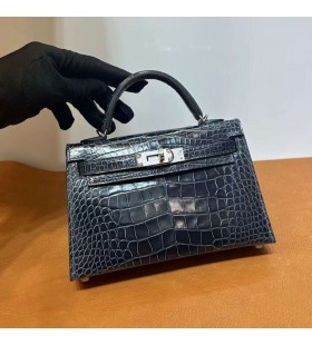 mini Kelly brilhante de jacarÃ©, crocodilo 8X BÃ¡ltico azul Prata Hardware 20cm Completo feito a mÃ£o Phw