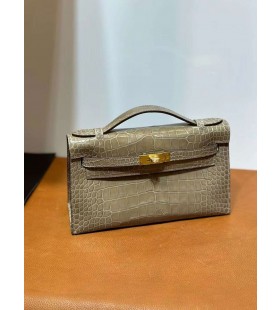 Kelly Pochette Brilhante Jacaré Ck81 Rola cinza Hardware de Ouro 22cm Completo feito a mão Ghw