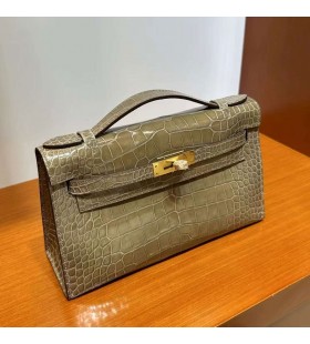 Kelly Pochette Brilhante Jacaré Ck81 Rola cinza Hardware de Ouro 22cm Completo feito a mão Ghw