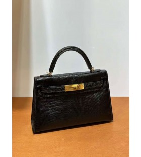 Mini Kelly Lagarto Ck89 Ouro Preto Hardware 19cm Completo feito a mÃ£o Ghw