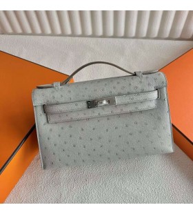 Mini Kelly Pochette de Avestruz Ck80 cinza PÃ©rola Prata Hardware 22cm Completo feito a mÃ£o Phw