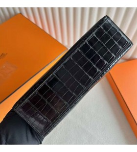 Mini Kelly Pochette Brilhante de JacarÃ©, crocodilo Preto Prata Hardware 22cm Completo feito a mÃ£o Phw