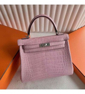 Kelly matte Jacaré, Crocodilo 3T sakura cor-de-rosa de Prata de Hardware 25cm Completo feito a mão Phw