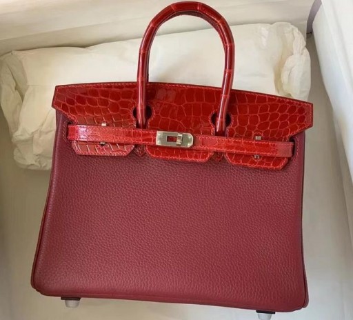 Birkin Togo & fényes krokodil Bordeaux red & fényes, vörös-Ezüst Hardver-25cm, Teljes Kézzel készített