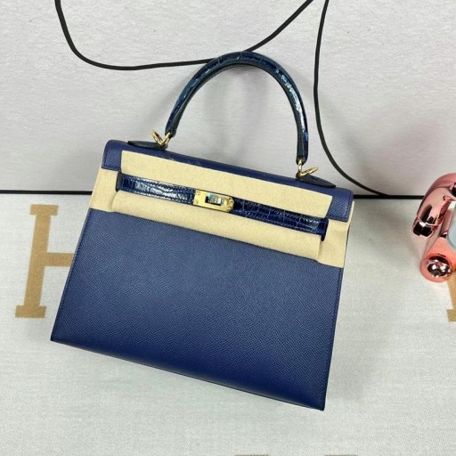 Kelly Érintse meg az Epsom & Fényes Aligátor Ck73 Gem kék Arany Hardver GHW 25cm Teljes mértékben Kézzel készített