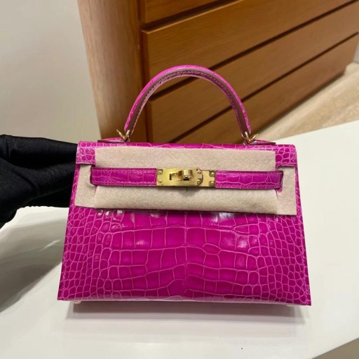 Mini Kelly Fényes Aligátor J5 Rózsa, lila Arany Hardver Ghw 19cm Teljes mértékben Kézzel készített