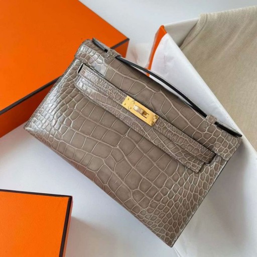 Mini Kelly Pochette Fényes Aligátor Ck81 Gris Tourterelle Arany Hardver Ghw 22cm a Teljes Kézzel készített