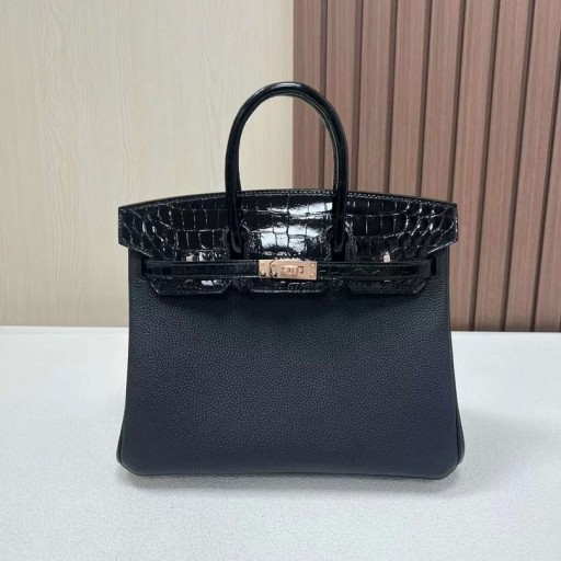 Birkin Érintse meg Togo & Fényes Niloticus Ck89 Fekete Rózsa Arany Hardver-25cm, Teljes Kézzel készített RGhw