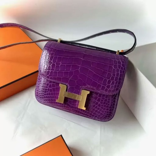 Constance Fényes Aligátor Mély Lila Arany Hardver 18 cm Teljes mértékben Kézzel készített Ghw