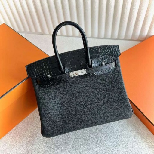 Birkin Érintse meg Togo & Matt Krokodil krokodil Ck89 Fekete Ezüst Hardver-25cm, Teljes Kézzel készített Phw