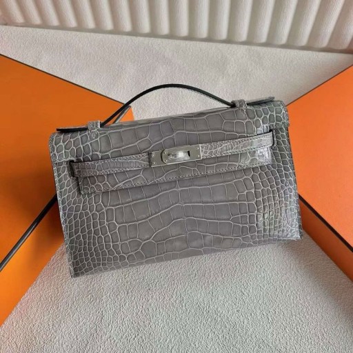 Mini Kelly Pochette Fényes Krokodil krokodil 0V Kristály Ezüst szürke Hardver 22cm a Teljes Kézzel készített Phw