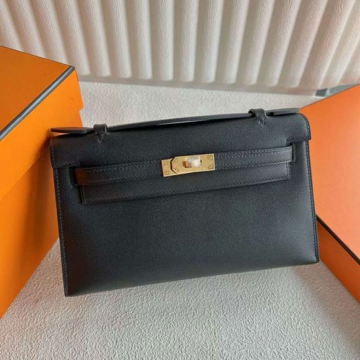 Mini Kelly Pochette Swift Ck89 Fekete Arany Hardver-25cm, Teljes Kézzel készített Ghw