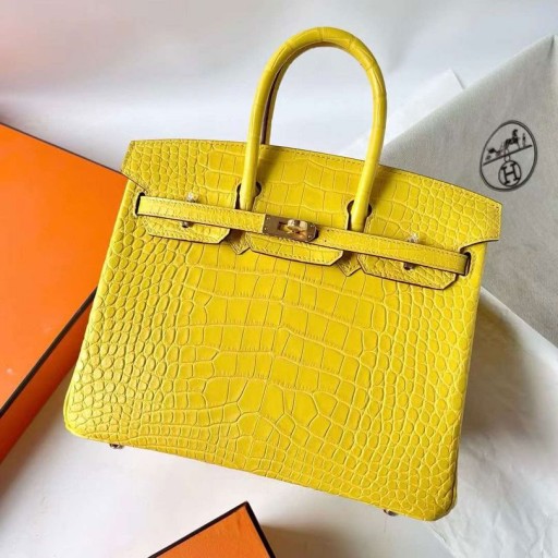 Birkin matt krokodil krokodil M9 Körömvirág sárga Arany Hardver-25cm, Teljes Kézzel készített Ghw