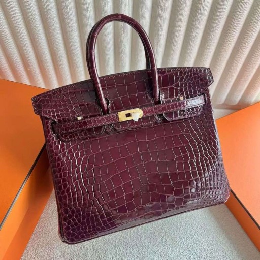 Birkin fényes Krokodil Krokodil F5 Bordeaux-i vörös Arany Hardver-25cm, Teljes Kézzel készített Ghw