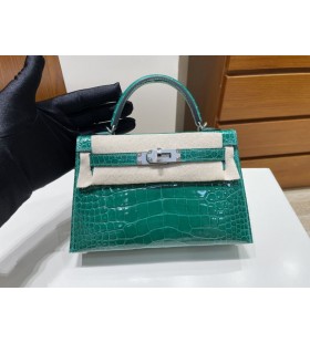 Mini kelly Aligátor fényes 6Q jade zöld Ezüst Hardver PHW 19cm Teljes mértékben Kézzel készített