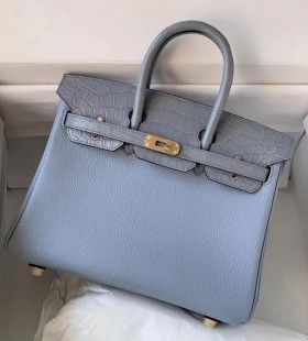 Birkin Togo & matt Szürke krokodil Arany Hardver-25cm, Teljes Kézzel készített