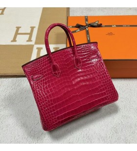 Birkin Fényes Porosus Krokodil i6 Rose-Rózsaszín Ezüst Hardver-25cm, Teljes Kézzel készített