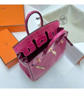 Birkin fényes krokodil krokodil j5 Rózsa, Rózsaszín, Arany Hardver Phw 25cm Teljes mértékben Kézzel készített