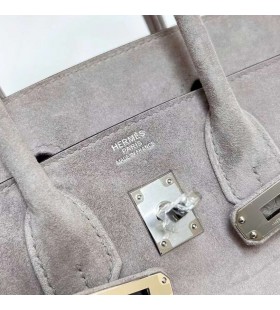 Birkin Velúr Bőr Szürke, Ezüst Hardver Phw 25cm Teljes mértékben Kézzel készített