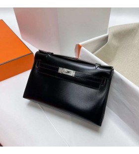 Mini Kelly Pochette Doboz Ck89 Fekete EzÃ¼st Hardver phw 22cm a Teljes KÃ©zzel kÃ©szÃ­tett