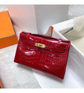 Mini Kelly Pochette F&Atilde;&copy;nyes Krokodil krokodil Ck95 Ferrari piros Arany Hardver Ghw 22cm a Teljes K&Atilde;&copy;zzel k&Atilde;&copy;sz&Atilde;&shy;tett