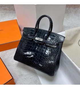 Birkin Fényes Krokodil Krokodil 6Q jade zöld Ezüst Hardver Phw 25cm Teljes mértékben Kézzel készÃtett