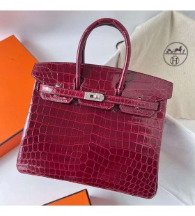 Birkin Fényes Nilo Krokodil F5 Bor vörös-Ezüst Hardver Phw 25cm Teljes mértékben Kézzel készÃtett