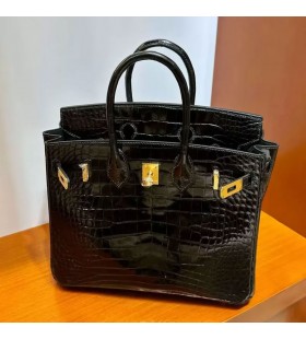 Birkin fényes Krokodil krokodil Ck89 Fekete Arany Hardver-25cm, Teljes Kézzel készített Ghw